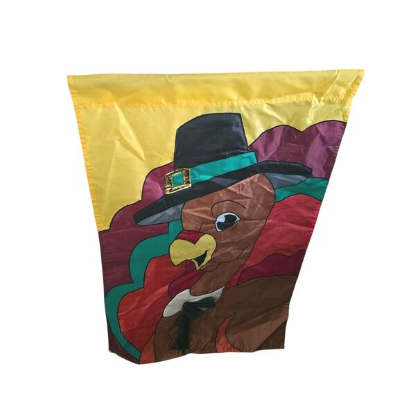 Vtg 1999 Thanksgiving Pilgrim Turkey  Garden Flag 2 Sided 42" length 28" Width - Picture 2 of 11